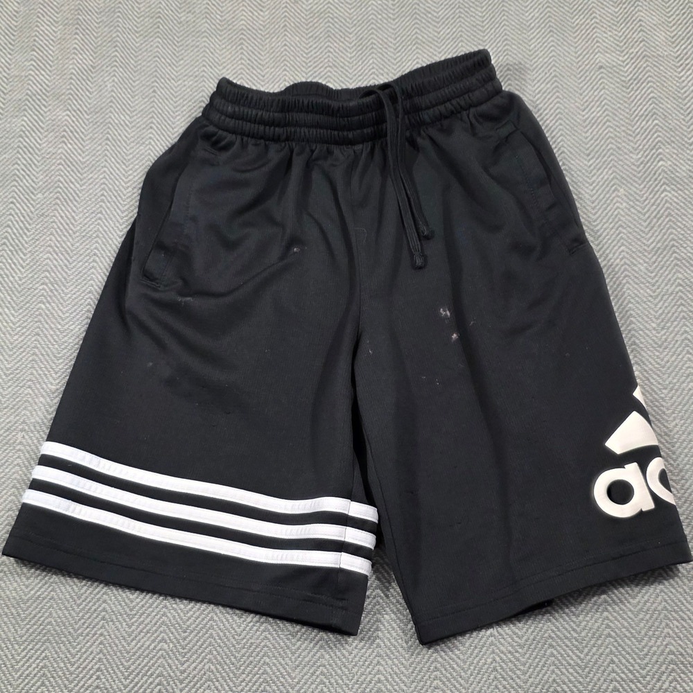 Adidas Boys Black Athletic‎ Shorts Youth Medium 10/12 3 Stripe Logo Mesh Pocket